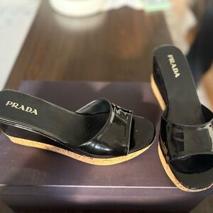Prada Glossy Black Cork Wedges
